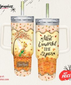 Disney Tinker Bell Most Wonderful Time Fall Leaf Pattern 40oz Stainless Steel Tumbler