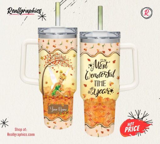 Disney Tinker Bell Most Wonderful Time Fall Leaf Pattern 40oz Stainless Steel Tumbler