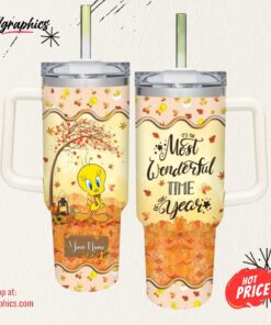 Disney Tweety Most Wonderful Time Fall Leaf Pattern 40oz Stainless Steel Tumbler