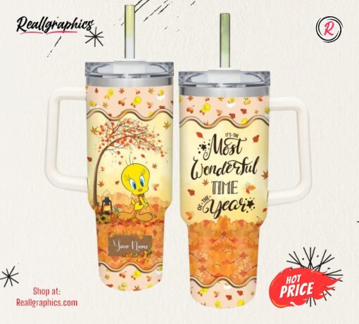 Disney Tweety Most Wonderful Time Fall Leaf Pattern 40oz Stainless Steel Tumbler