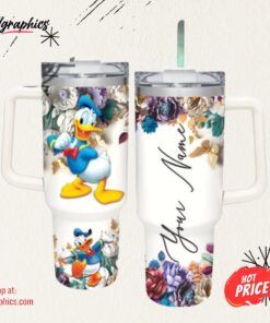 Donald Duck 3D Colorful Flower Sublimation Pattern 40Oz Tumbler With Handle And Straw Lid 40 Oz Stanley Travel Cups