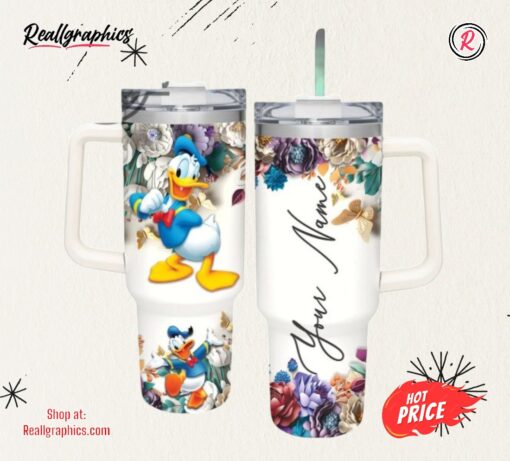 Donald Duck 3D Colorful Flower Sublimation Pattern 40Oz Tumbler With Handle And Straw Lid 40 Oz Stanley Travel Cups