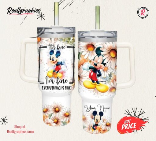 Everything Is Fine Mickey Mouse Daisy Flower Pattern 40oz Stainless Steel Tumbler And Straw Lid 40 Oz Stanley Travel Cups