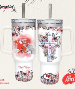 Faith In Chiefs Flower Butterflies Pattern 40oz Stainless Steel Tumbler and Straw Lid