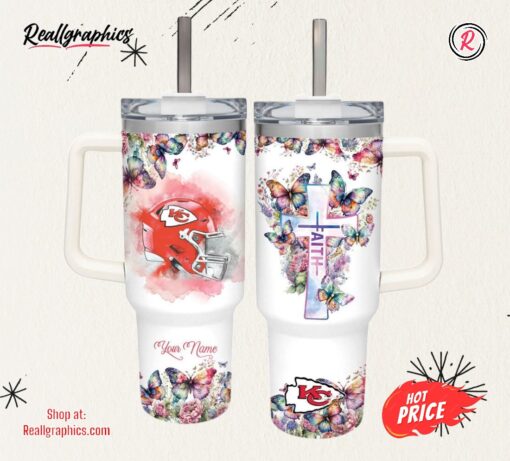 Faith In Chiefs Flower Butterflies Pattern 40oz Stainless Steel Tumbler and Straw Lid