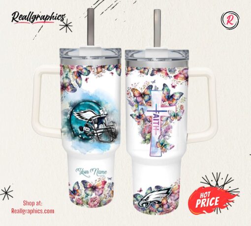 Faith In Eagles Flower Butterflies Pattern 40oz Stainless Steel Tumbler and Straw Lid