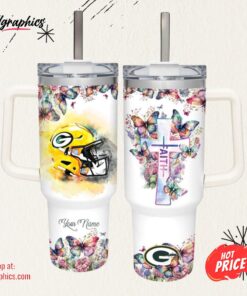 Faith In Packers Flower Butterflies Pattern 40oz Stainless Steel Tumbler and Straw Lid