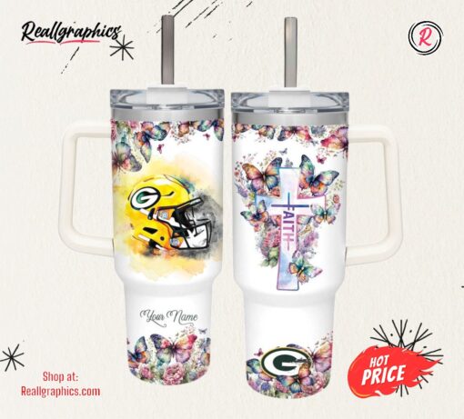 Faith In Packers Flower Butterflies Pattern 40oz Stainless Steel Tumbler and Straw Lid