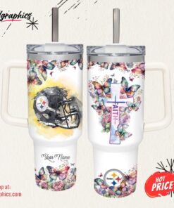 Faith In Steelers Flower Butterflies Pattern 40oz Stainless Steel Tumbler and Straw Lid