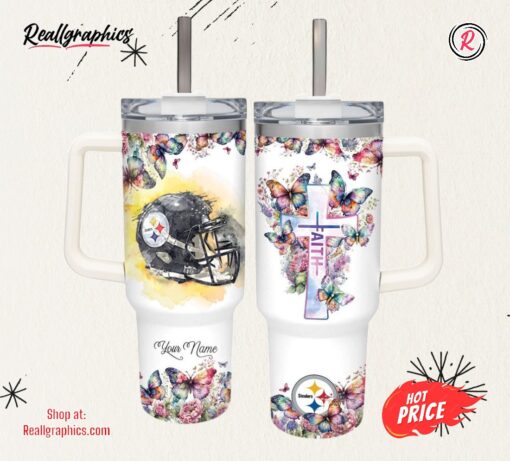 Faith In Steelers Flower Butterflies Pattern 40oz Stainless Steel Tumbler and Straw Lid