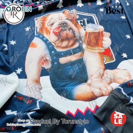 Funny Bulldog Beer Christmas Sweater   Festive Holiday Knit with Christmas Trees & Snowflakes for Men and Women