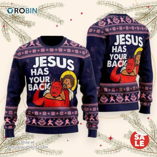 Funny Jesus Has Your Back Ugly Christmas Sweater, Jesus Christmas Sweater