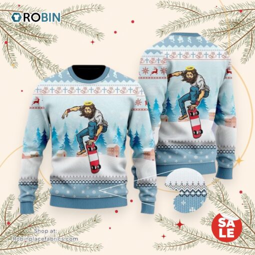 Funny Jesus Skateboarding Christmas Ugly Christmas Sweater, Jesus Christmas Sweater