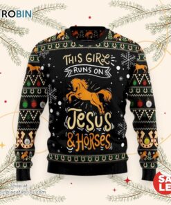 Girls Run On Jesus And Horses Ugly Christmas Sweater, Jesus Christmas Sweater