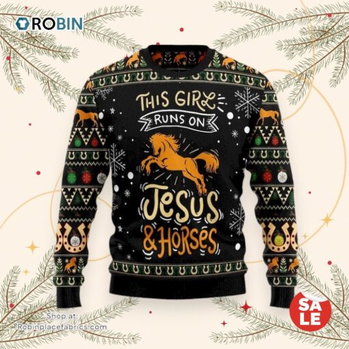 Girls Run On Jesus And Horses Ugly Christmas Sweater, Jesus Christmas Sweater