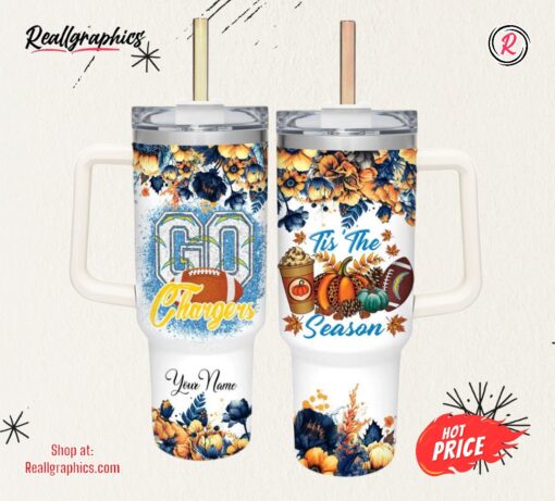 Go Chargers Tis The Season Flower Pattern 40oz Stainless Steel Tumbler and Straw Lid