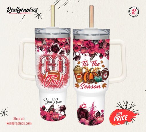 Go Chiefs Tis The Season Flower Pattern 40oz Stainless Steel Tumbler and Straw Lid