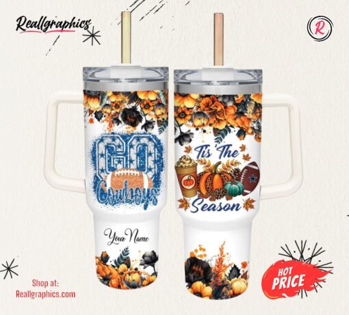Go Cowboys Tis The Season Flower Pattern 40oz Stainless Steel Tumbler with Handle and Straw Lid