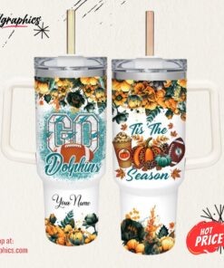 Go Dolphins Tis The Season Flower Pattern 40oz Stainless Steel Tumbler and Straw Lid