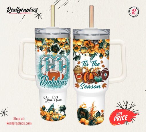 Go Dolphins Tis The Season Flower Pattern 40oz Stainless Steel Tumbler and Straw Lid