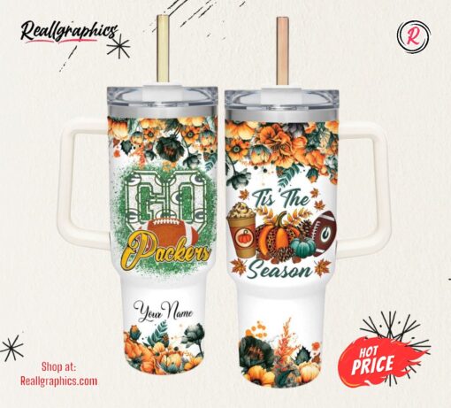 Go Packers Tis The Season Flower Pattern 40oz Stainless Steel Tumbler and Straw Lid