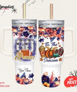 Go Ravens Tis The Season Flower Pattern 40oz Stainless Steel Tumbler and Straw Lid