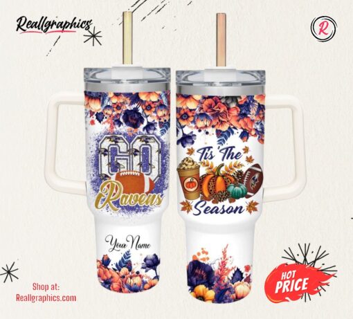 Go Ravens Tis The Season Flower Pattern 40oz Stainless Steel Tumbler and Straw Lid