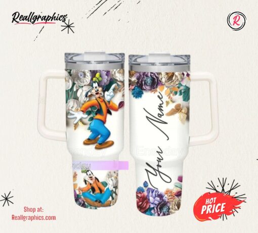 Goofy Dog 40oz Tumbler, Custom Goofy Flower Pattern Tumbler