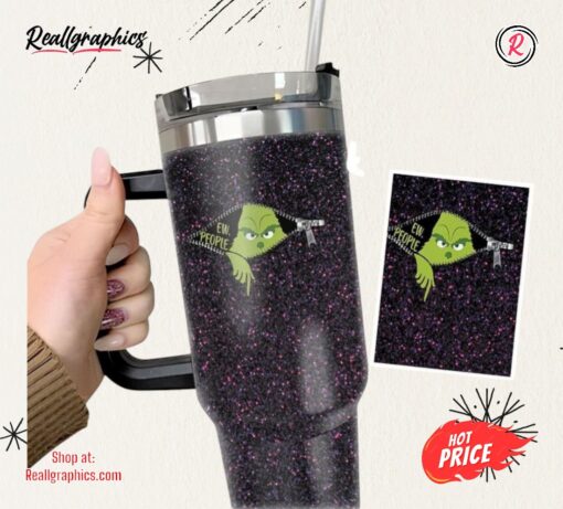 Grinch 40Oz Tumbler Black Faux Glitter Mean One Cups Ew People Stainless Steel Stanley Cup 40 Oz Xmas Travel Mugs Merry Grinchmas Gift