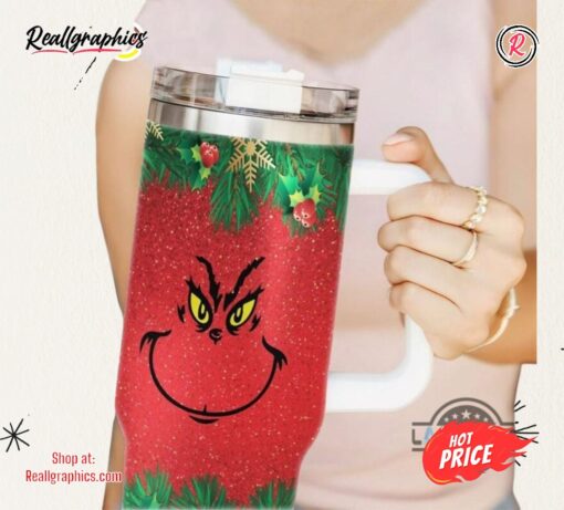 Grinch Christmas 40Oz Tumbler Merry Grinchmas Holiday Version Red Faux Glitter Pattern Stainless Steel Stanley Cup The Grinch Stole Christmas 40 Oz Xmas Travel Mugs