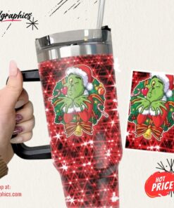 Grinch Faux Glitter Red Themed 40Oz Tumbler Santa Grinch Mean One Cups Christmas Stainless Steel Stanley Cup 40 Oz Xmas Travel Mugs Merry Grinchmas