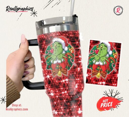 Grinch Faux Glitter Red Themed 40Oz Tumbler Santa Grinch Mean One Cups Christmas Stainless Steel Stanley Cup 40 Oz Xmas Travel Mugs Merry Grinchmas