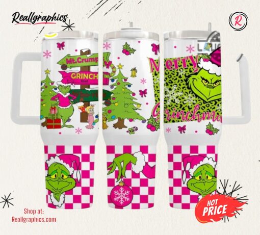 Grinch Tumbler Pink Christmas 40Oz Stainless Steel Stanley Cups Christmas Movie Gift Merry Grinchmas Whoville University Travel Mugs