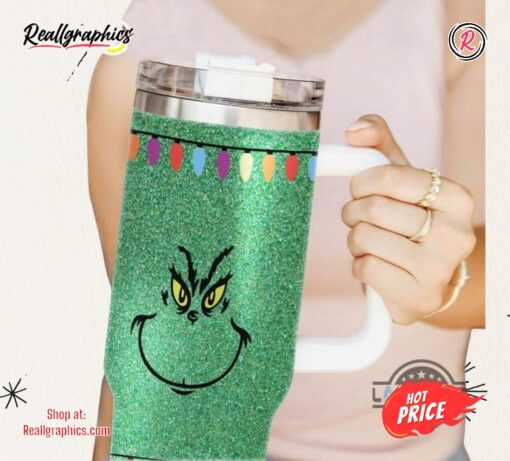 Grinch Tumblers Christmas Grinchmas Cups With Handle Faux Glitter 40Oz Mean Grinch Stainless Steel Stanley Cup How The Grinch Stole Christmas 40 Oz Xmas Travel Mugs Gift