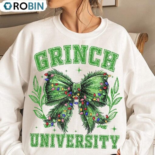 Grinchmas Coquette Bow Sweatshirt, Green Christmas Season Shirt, Long Sleeve Cotton, Hoodie