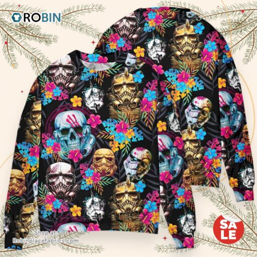 Halloween Starwars Stormtrooper Skull Tropical Neon Halloween Sweater
