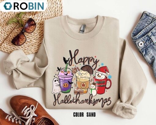 Happy Hallothanksmas Sweatshirt, Christmas Thanksgiving Shirt, Long Sleeve Cotton, Hoodie