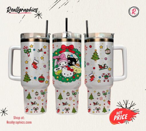 Hello Kitty Stanley Cup 40Oz All Over Printed Cat Hello Kitty Sanrio 40 Oz Stainless Steel Tumbler Cup With Handle The Melody Hello Kitty Stuff Pink Christmas Gift