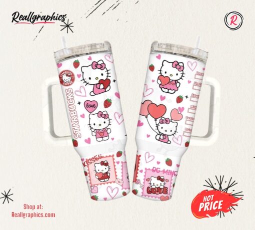 Hello Kitty Stanley Starbucks Cup Pink Valentine 40Oz Tumbler Cartoon Pink Valentines Day Gift For Couples Coffee Lovers 40 Oz Dupe Sanrio Stainless Steel Tumblers