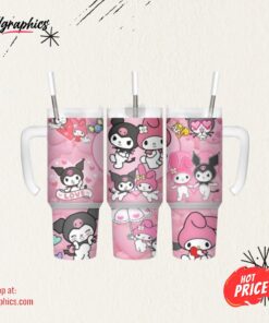 Hello Kitty Stanley Tumbler Dupe 40 Oz Sanrio Kuromi Melody Cartoon Cups With Handle Valentines Day Gift Pink Kitty Stainless Steel Tumblers 40Oz
