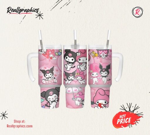 Hello Kitty Stanley Tumbler Dupe 40 Oz Sanrio Kuromi Melody Cartoon Cups With Handle Valentines Day Gift Pink Kitty Stainless Steel Tumblers 40Oz