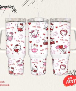 Hello Kitty Valentines Day Stanley Cup Dupe 40 Oz Pink Valentines Day Gift For Her Pink Cat Cartoon Stainless Steel Tumblers With Handle Sanrio 40Oz Quencher Tumbler