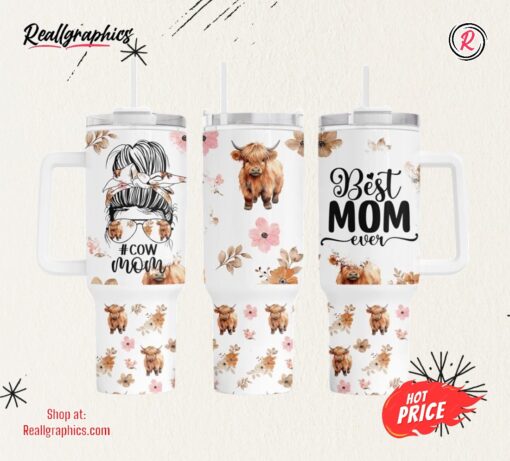 Highland Cow 40oz Quencher Tumbler Wrap, Cute Cow Flower Tumbler Wrap For 40oz Best Mom Ever Tumbler Mothers Day
