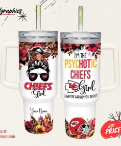 I’m The Psychotic Chiefs Girl Flower Pattern 40oz Stainless Steel Tumbler and Straw Lid