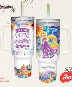 Its Fine Im Fine Rapunzel Princess Colorful Flower Pattern 40Oz Stainless Steel Tumbler And Straw Lid 40 Oz Stanley Travel Cups