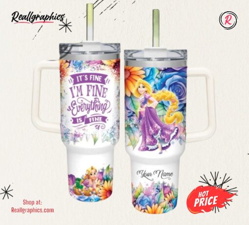 Its Fine Im Fine Rapunzel Princess Colorful Flower Pattern 40Oz Stainless Steel Tumbler And Straw Lid 40 Oz Stanley Travel Cups