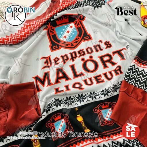 Jeppson’s Malort Liqueur Ugly Christmas Sweater   Fun Festive Alcohol Themed Holiday Pullover