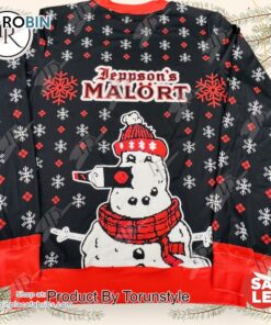 Jeppson’s Malort Ugly Christmas Sweater   Fun Festive Snowman Themed Holiday Apparel