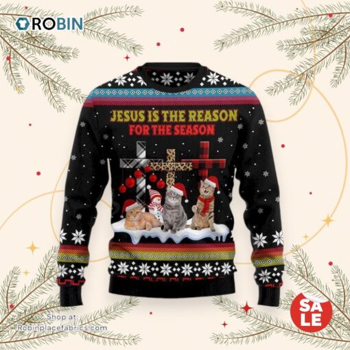 Jesus Is The Reason For The Season Cat Ugly Christmas Sweater, Jesus Christmas Sweater