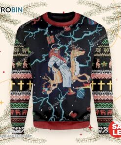 Jesus Riding Reindeer Black Christmas Ugly Christmas Sweater, Jesus Christmas Sweater